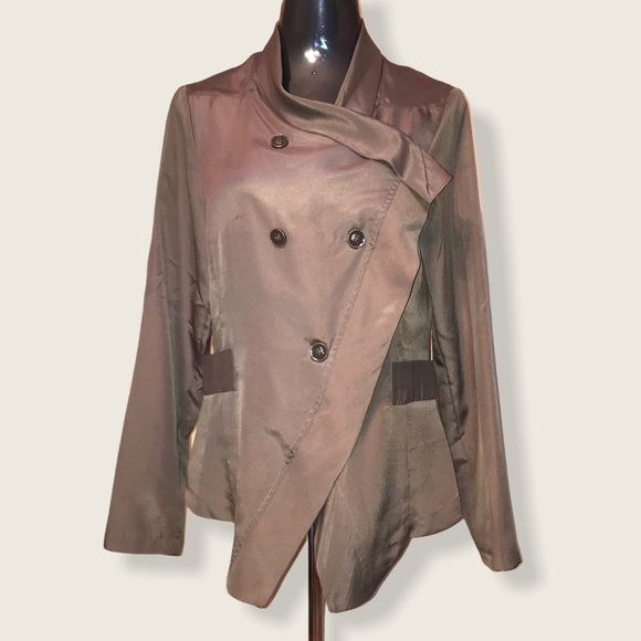 Sandra Augelozzi Tops - Edgy Glam Sandra Augelozzi Jacket Top Draped Asymmetrical Button Olive Green